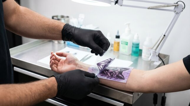 Tattoo artist hands wearing black gloves peeling off the clear transfer paper to reveal a geometric wolf stencil on a client arm