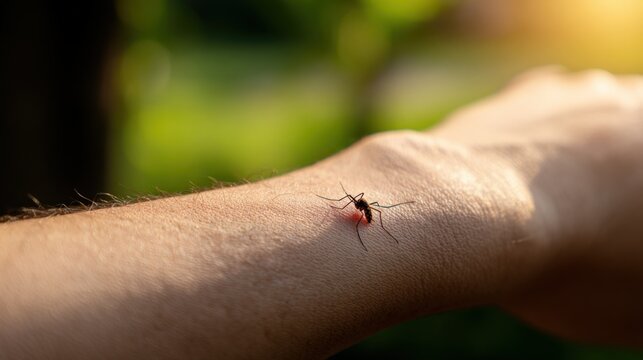 Close-up of Mosquito Biting Human Skin, Showing Blood Engorgement and Insect Pest in Outdoor Summer Sunlight