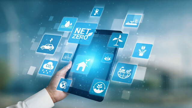 Net zero and sustainability concepts with environmental balance, digital sustainability icons, green energy goals, and eco-conscious digital business transformation for the future. Gist