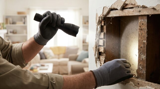 Home inspector hands wearing grey gloves using a black flashlight to look inside a hole cut into a damaged drywall wall