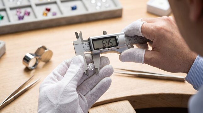 Jeweler hands wearing white cotton finger cots using a digital caliper to measure the exact millimeter size of a sparkling diamond