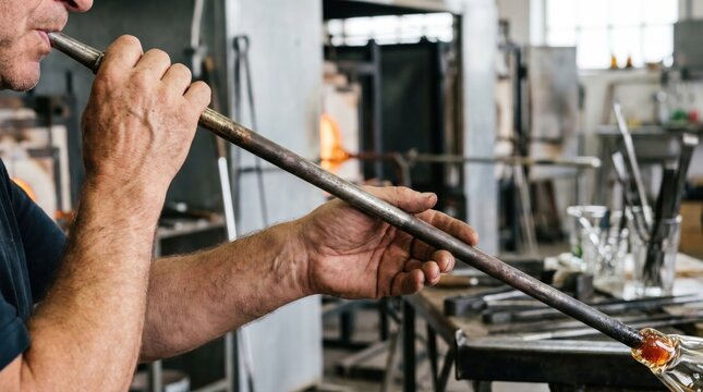 Glassblower holding a long metal blowpipe and blowing air into it to shape a piece of hot glowing glass in a workshop