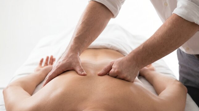Massage therapist hands using firm thumb pressure to perform a deep tissue massage on the upper back muscles of a client