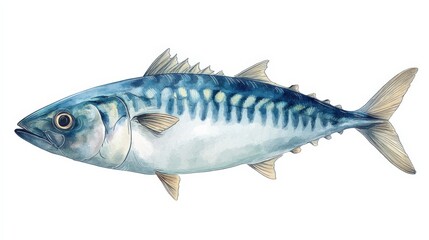 Obraz premium Realistic Watercolor Illustration of a Fresh Mackerel Fish Isolated on White Background