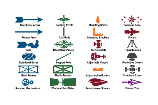 Weather vane structures like directional arrows, rotating pivots, mounting spires, compass roses, pointer arms, axis rods,