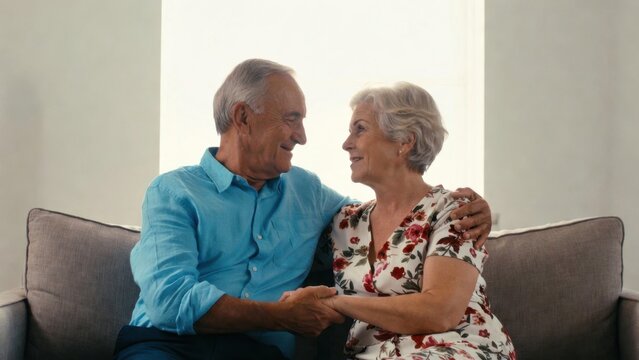Elderly couple holding hands while seated on sofa