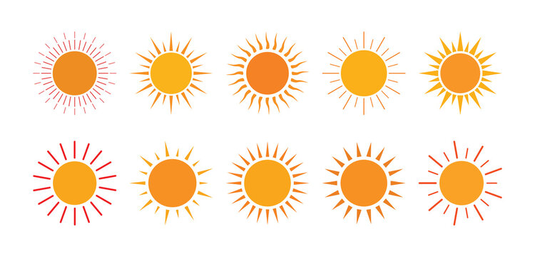 Set of colorful sun vector icons with multiple radial styles isolated on light background. Sun weather symbol collection. Vector icons of nature.

