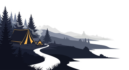 Camping tent with a campfire by the river in a forest. © Dary_Hamidudin