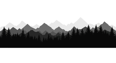 Minimalist mountain landscape silhouette with pine forest foreground. © Dary_Hamidudin