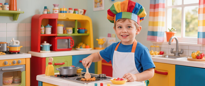 Child pretending to be chef in colorful toy kitchen, smiling while stirring pot on stove. Chef roleplay in vibrant kitchen setting includes various toy utensils and play food.