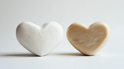Fototapeta premium Two heart-shaped soap bars in white and beige colors on clean background for spa, wellness and skincare product photography.