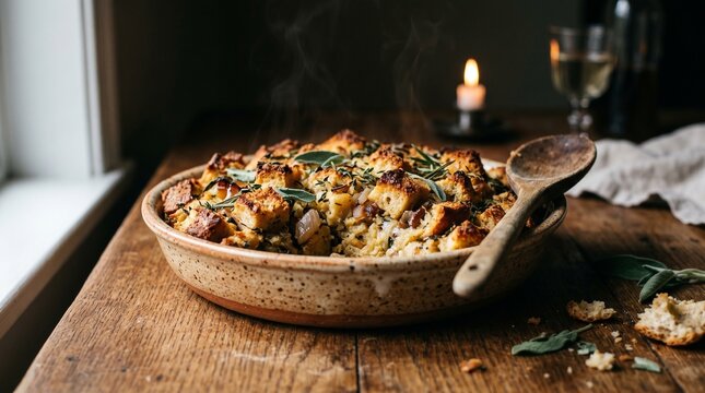 Warm bread stuffing served in a rustic dish on wooden table for Thanksgiving