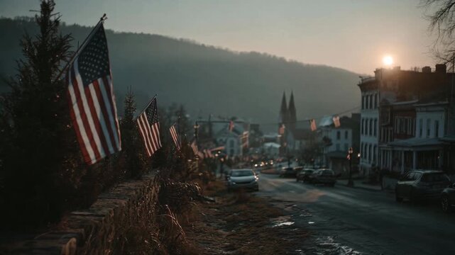 American flags waving along small town street at dawn. Scenic rural Americana display evoking national pride and community spirit.
