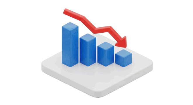 Vector illustration of 3d bar chart with a red downward trend arrow on a transparent background