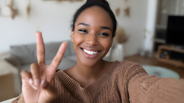 A happy woman, portrait, and peace sign for selfies in a lounge, vlog, and profile picture on social media. An influencer, photographer, and black person with a smile for image, online, and memories o