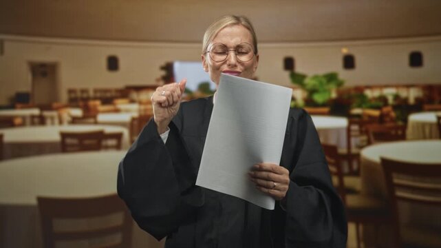 Judge woman middle age blonde in robe holds papers and coughs into fist while reading document in banquet hall building; health concern.