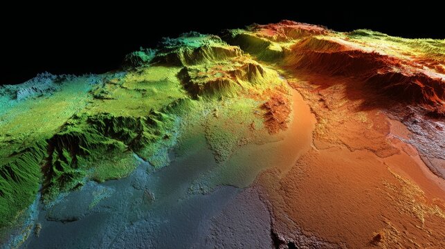 Aerial LiDAR terrain model showing land topography and digital point cloud mapping. 