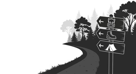 A rustic wooden signpost with icons for hiking camping and travel. © Dzaki_Mahir