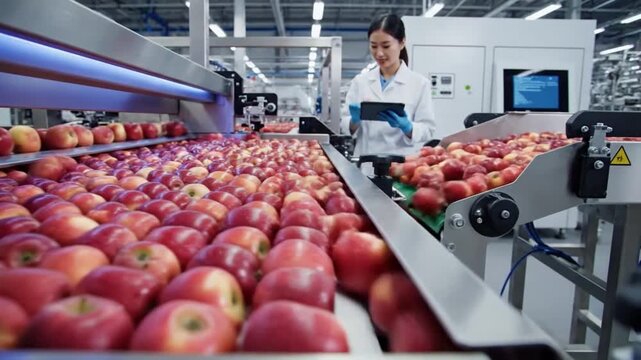 Asian Female Inspecting Apples On Conveyor In Hightech Packing Plant Tabletguided Quality Control By Technician Wearing Lab Coat And Gloves, Rows Of Red Fruit Moving Under LED Lights, Stainless Steel