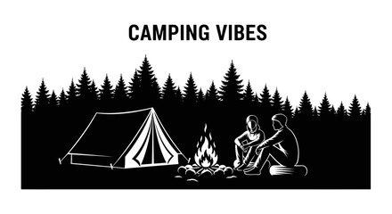 People sitting by a campfire with a tent in the forest. © Dzaki_Mahir