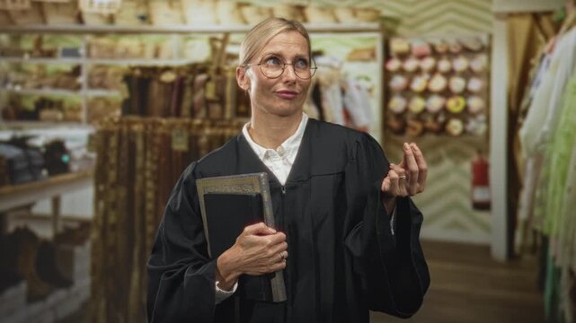 Woman judge, middleaged and wearing glasses, holding book and gesturing with hand inside a retail building; authority bemusement.