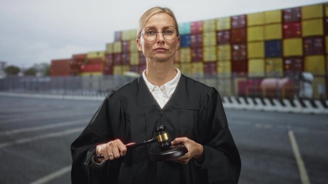 Woman judge holding gavel with visible hands on a street with shipping containers; justice authority serious.