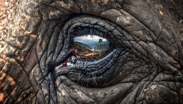 Close-up of a crying elephant eye reflecting a deforested landscape, concept of habitat loss and wildlife conservation