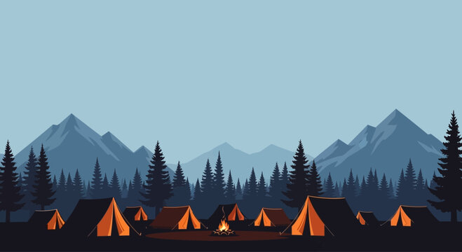 A scenic illustration of a mountain campsite with multiple glowing tents and a campfire at dusk.