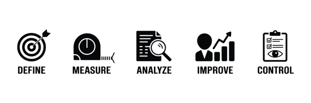 DMAIC methodology business process improvement. Five black solid flat icons: define, measure, analyze, improve, control. Target, tape, document, growth chart, checklist symbols. Horizontal vector.