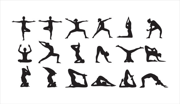 Woman silhouette practicing yoga poses, collection of various yoga asanas, fitness workout routine.