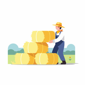 Farmer Handling Bales of Hay in Spring Landscape for Agriculture Blogs, Farming Websites, Rural Lifestyle Content, and Spring Season Promotions