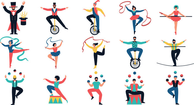 Cartoon Style Illustration of Circus Performers, Jugglers, and Acrobats in Various Poses and Actions