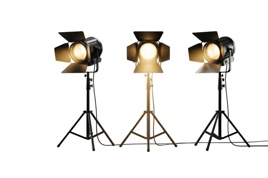 Three studio spotlights on tripods,, lighting equipment isolated on transparent background
