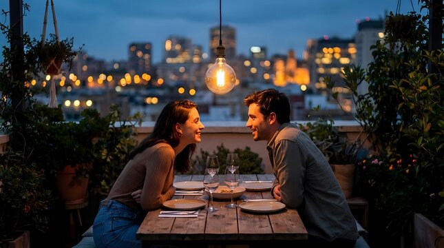 Young couple enjoying romantic dinner date on rooftop terrace with city lights background and hanging bulb lighting creating intimate evening atmosphere.