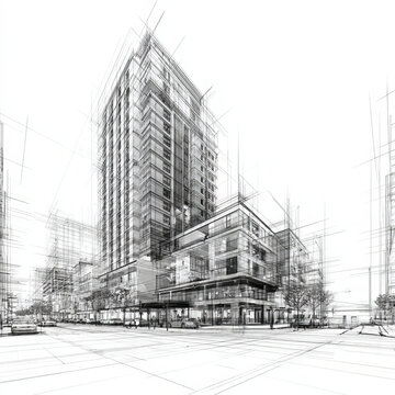3D illustration abstract modern urban building out-line black and white drawing of imagination architecture building construction perspective design. 