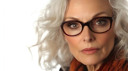 Fototapeta premium Elegant mature Caucasian woman with silver gray hair wearing stylish eyeglasses and orange sweater looking confidently at camera in studio portrait.
