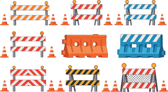 Illustration of Various Road Barriers and Traffic Cones in Bright Colors for Construction Zones