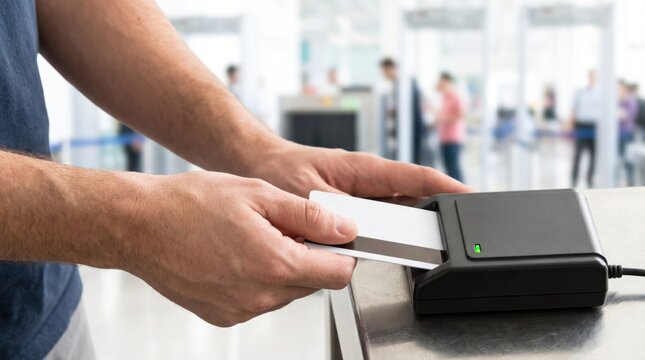Person swiping white security card through electronic magnetic reader at entrance check point