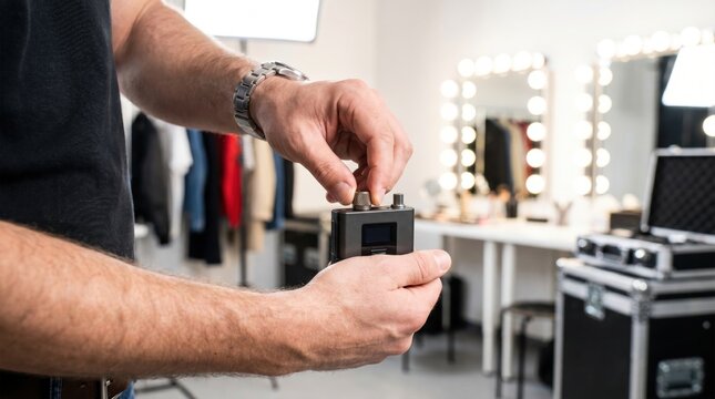 Technician hands turning knob on wireless lavalier microphone bodypack transmitter in studio