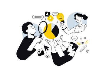 Creative business banner of seo and market research. Vector illustration for web banner, social media banner, business presentation, marketing material. 