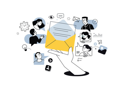 Creative business banner of email marketing and teamwork. Vector illustration for web banner, social media banner, business presentation, marketing material. 