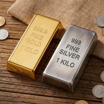 Single gold bar and single silver bar placed on rustic wooden table with scattered coins for financial asset diversification