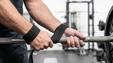Naklejka premium Close up of weightlifter hands wrapping black lifting straps tightly around heavy metal barbell