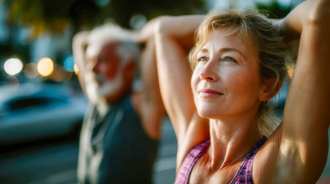 Senior couple doing light stretching outdoors with calm smiles and healthy active lifestyle concept