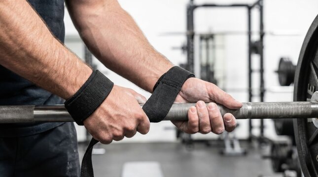 Close up of weightlifter hands wrapping black lifting straps tightly around heavy metal barbell