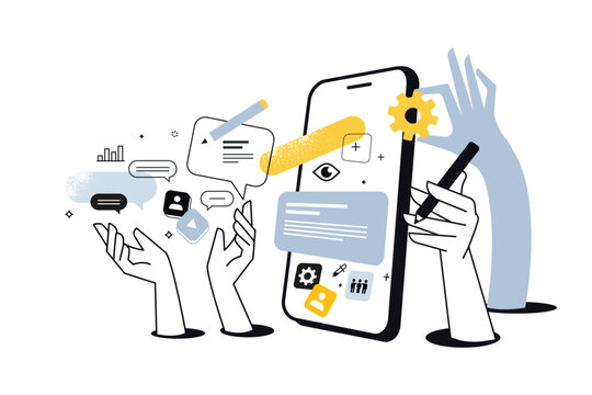 Creative business banner of mobile app design and development. Vector illustration for web banner, social media banner, business presentation, marketing material. 