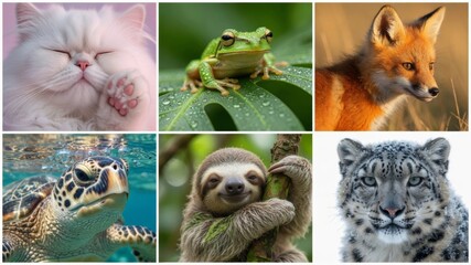 Fototapeta premium Wildlife portraits collage featuring cat, frog, fox, sea turtle, sloth, and snow leopard animals