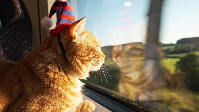 Orange cat wearing festive party hat looking through train window with sunlight countryside view travel mood cozy pet journey scene