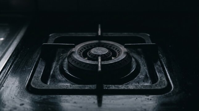 Unlit black gas stove burner on dark kitchen surface waiting for ignition showing industrial design and household appliance details