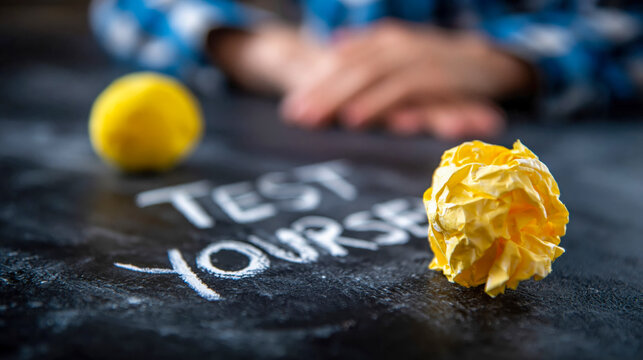 Chalkboard with &ldquo;Test Yourself&rdquo; message and crumpled yellow paper balls, education and self assessment concept